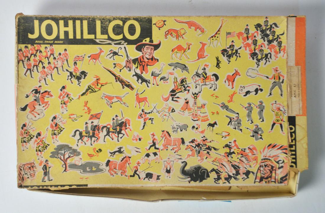1950's JOHILLCO lead figure knights in original box.: 1950's JOHILLCO lead figure knights in original box. Fourteen knights total, twelve complete and unbroken and two have weapons broken off. Original box lid is missing one side.