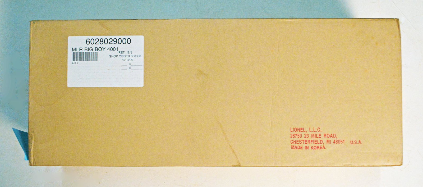 2000 Lionel O gauge #28029 Union Pacific 4-8-8-4 Big: 2000 Lionel O gauge #28029 Union Pacific 4-8-8-4 Big Boy Steam engine and tender still sealed in original Lionel shipping box. Comes with all the bells and whistles associated with this very large die