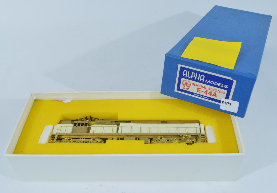 1990's Alpha Models (Japan) unpainted brass HO gauge: 1990's Alpha Models (Japan) unpainted brass HO gauge PRR General Electric E-44A electric locomotive in original box. This electric style engine has dual front pantographs and 6 wheel trucks. Engine me