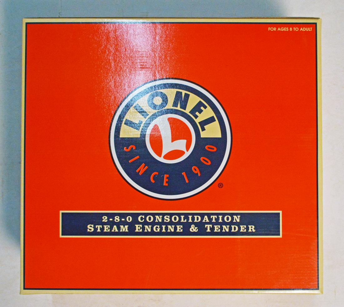 2000's Lionel O gauge #28086 PRR 2-8-0 Consolidation: 2000's Lionel O gauge #28086 PRR 2-8-0 Consolidation steam engine and tender in original box. Both engine and tender are painted black die-cast metal with PRR markings. Still wrapped in original boxes