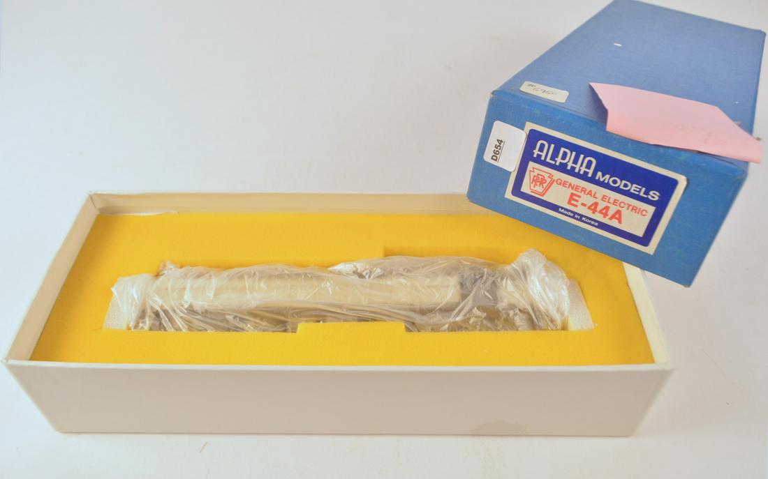 1980's ALPHA Models (Korea) unpainted brass HO gauge: 1980's ALPHA Models (Korea) unpainted brass HO gauge PRR General Electric E-44A electric locomotive in original box. Engine is about 10" long with dual forward pantographs.