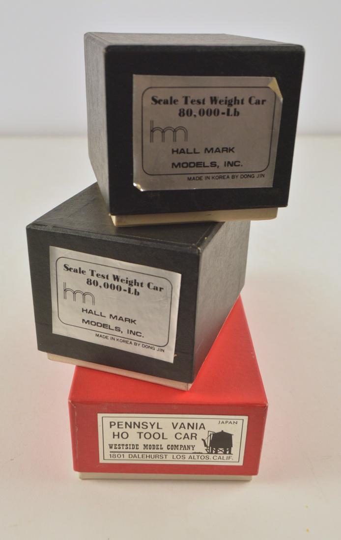 Two 1980's Hall Mark Models by Dong Jin (Korea) 80, 000: Two 1980's Hall Mark Models by Dong Jin (Korea) 80, 000 lb. Scale test weight cars and a 1990's Westside Models (Japan) PRR tool car in original boxes . All unpainted brass HO gauge. All still factory