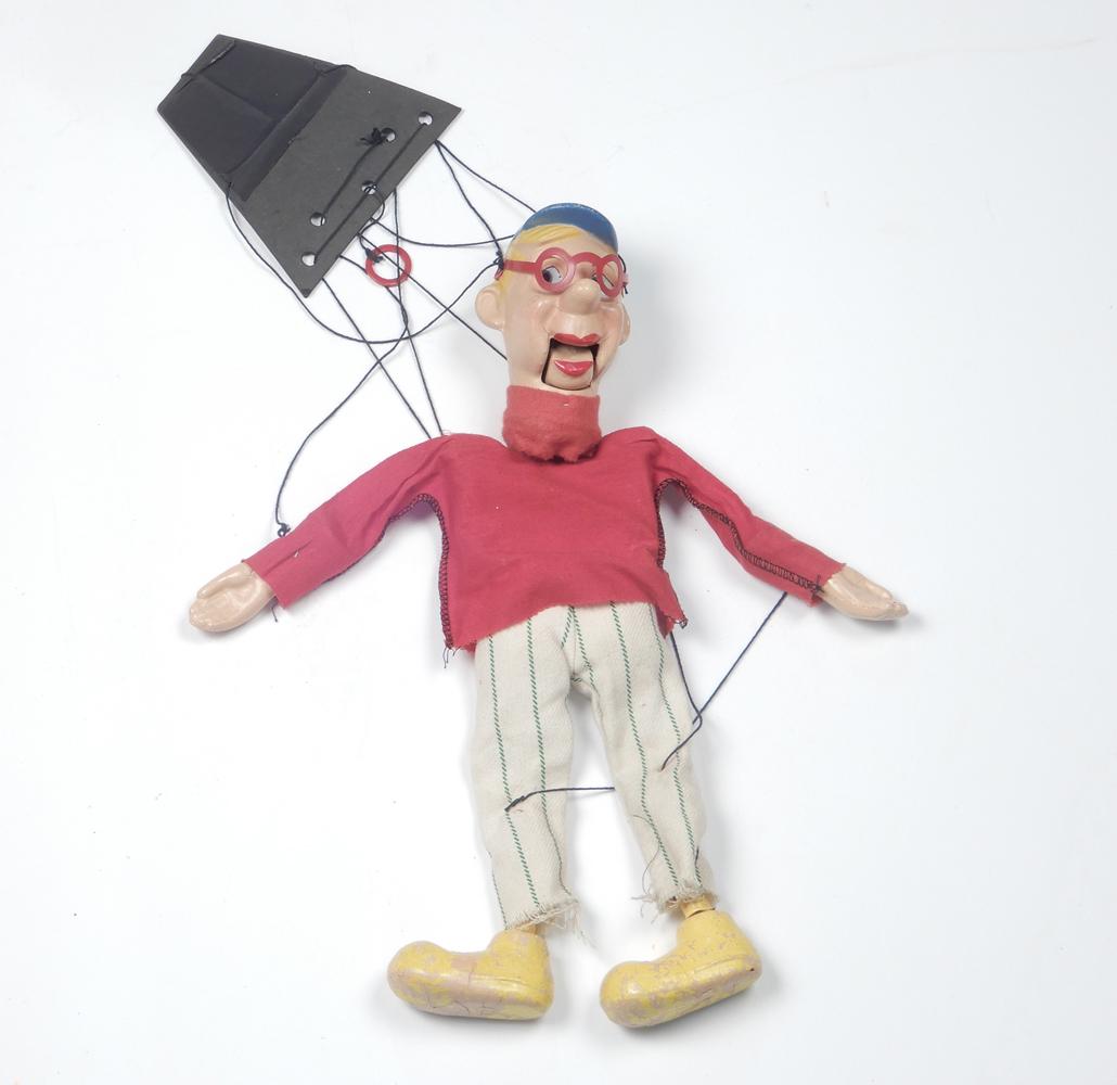 1950's Howdy Doody's pal Dilly Dally 14" marionette.: 1950's Howdy Doody's pal Dilly Dally 14" marionette. Has the eyeglasses which are always missing. Upper body face, hands, are near perfect. Yellow paint on boots heavily grazed and chipping. A HD char