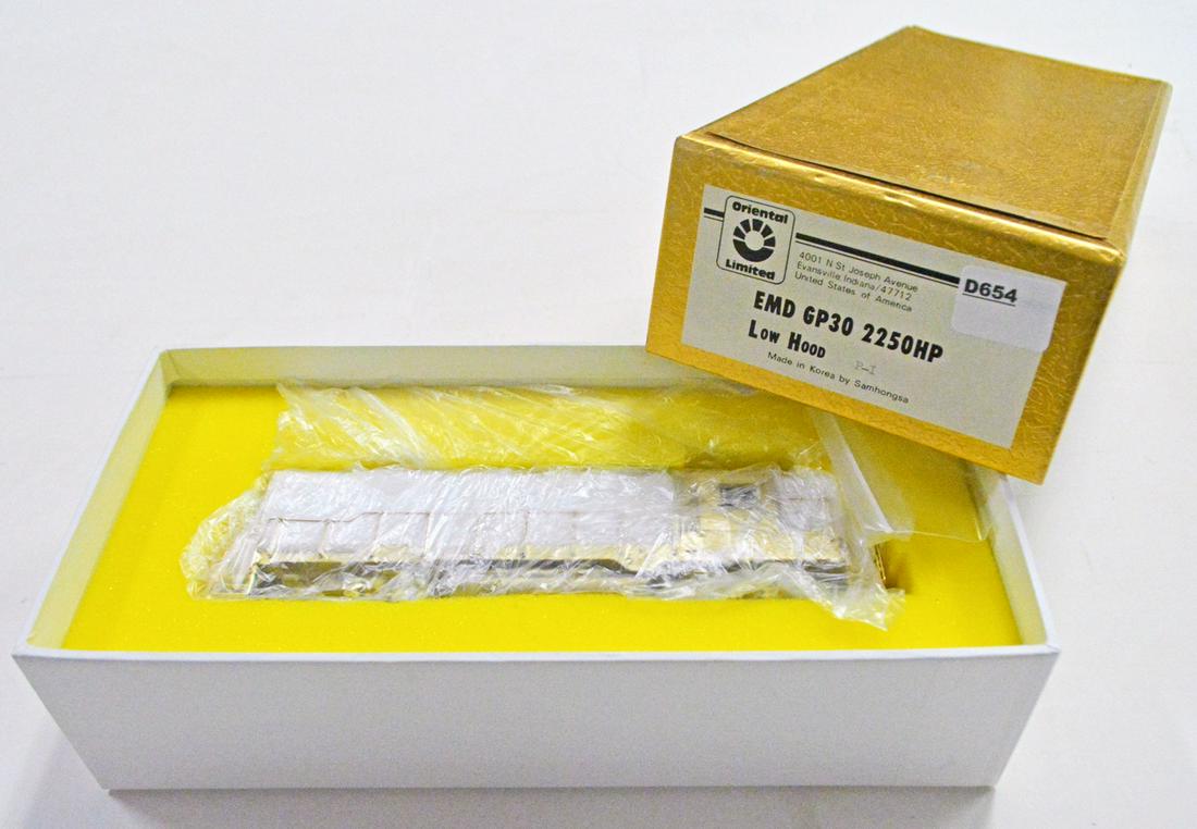 1990's Oriental Limited by Samhongsa (Korea) unpainted: 1990's Oriental Limited by Samhongsa (Korea) unpainted brass EMD GP-30 2250 HP low hood diesel engine in original box. Engine is still wrapped in factory plastic.