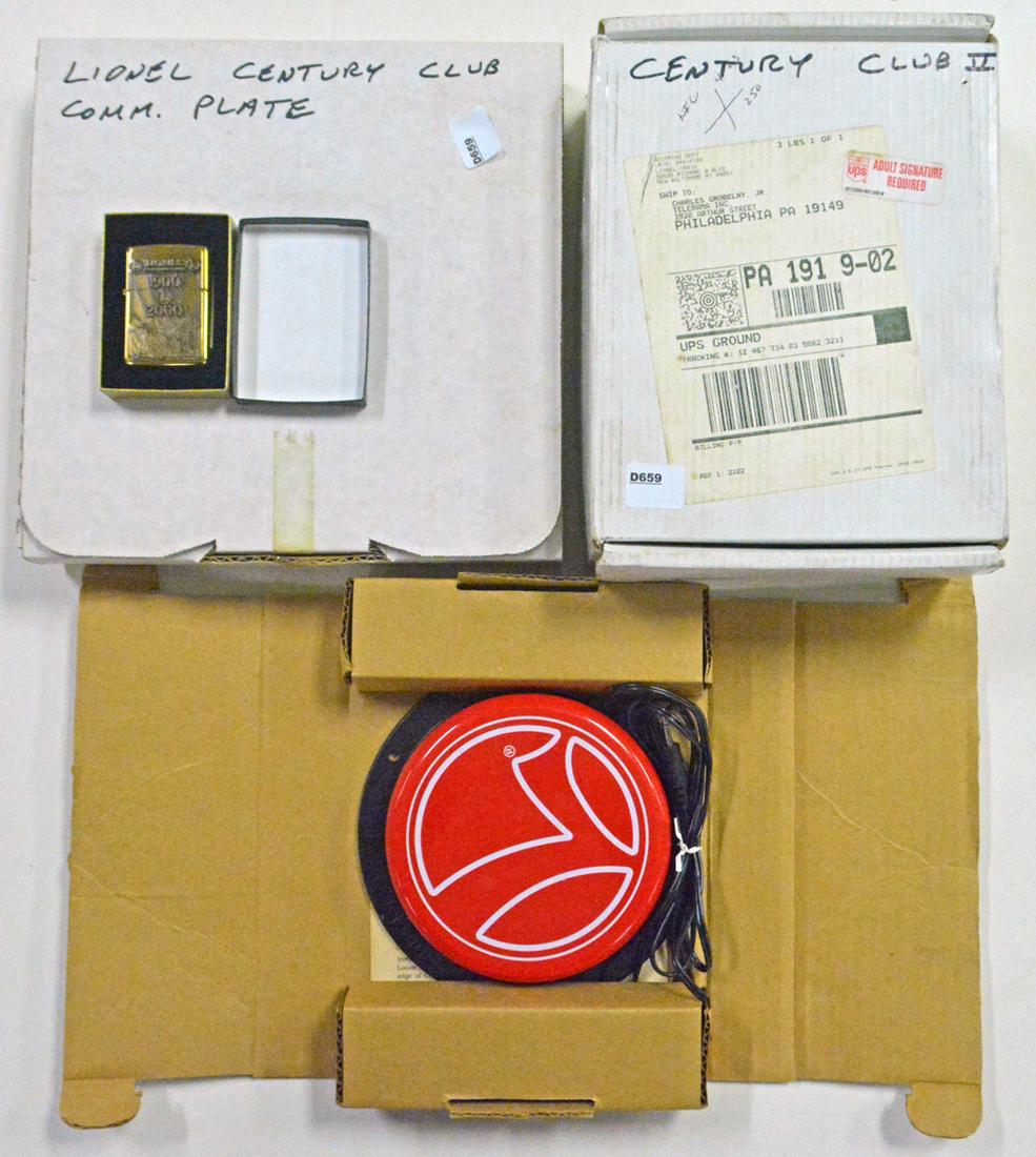 1990's -2000's Lionel Century Club I & II collectibles: 1990's -2000's Lionel Century Club I & II collectibles in original boxes. Lot consists of a Century Club II Lucite award and CC pin in wooden box in original box, Lionel CCI Commemorative Zippo Lighte