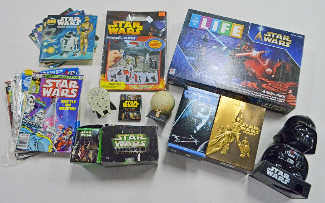 1990's -2000's Star Wars figures, Pez, puzzles, and: 1990's -2000's Star Wars figures, Pez, puzzles, and games, thirteen 4-5" figures some with weapons (one still in package), Star Wars Game of Life, three gumball dispensers, Pez dispensers, Star Wars c
