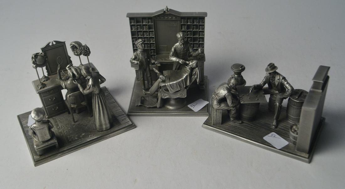 Three 1970's Franklin Mint fine pewter figural diorama: Three 1970's Franklin Mint fine pewter figural diorama sets. These sets depict three businesses at the turn of the century--a general store, a barber shop and a millinery shop. Crafted by Albert Ciria