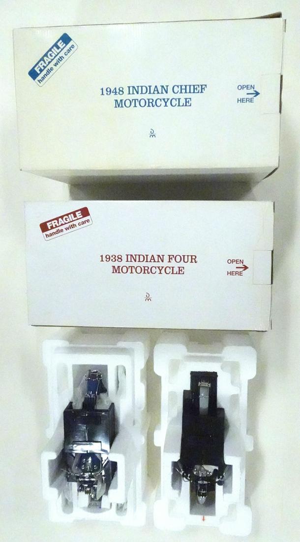 Two 1990's Danbury Mint Indian Motorcycle replica: Two 1990's Danbury Mint Indian Motorcycle replica models in original boxes. 1938 Indian four motorcycle, and 1948 Indian Chief motorcycle. Neither one has ever been removed from the styrofoam insert.