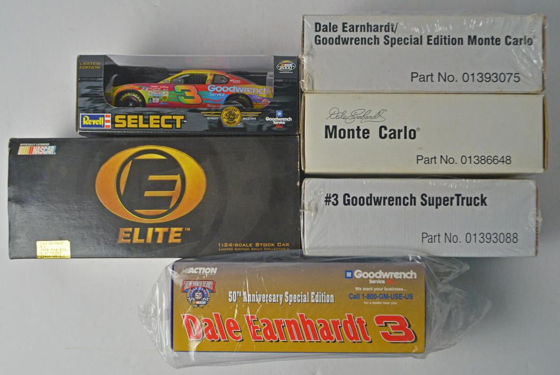 Eight 1990's-20000's die cast 1:24th scale NASCAR race: Eight 1990's-2000's die cast 1:24th-scale NASCAR race cars in original boxes. Some still sealed. Lot consists of a #3 Goodwrench Super truck (still sealed in original box), a Dale Earnhardt #3 Bass Pr