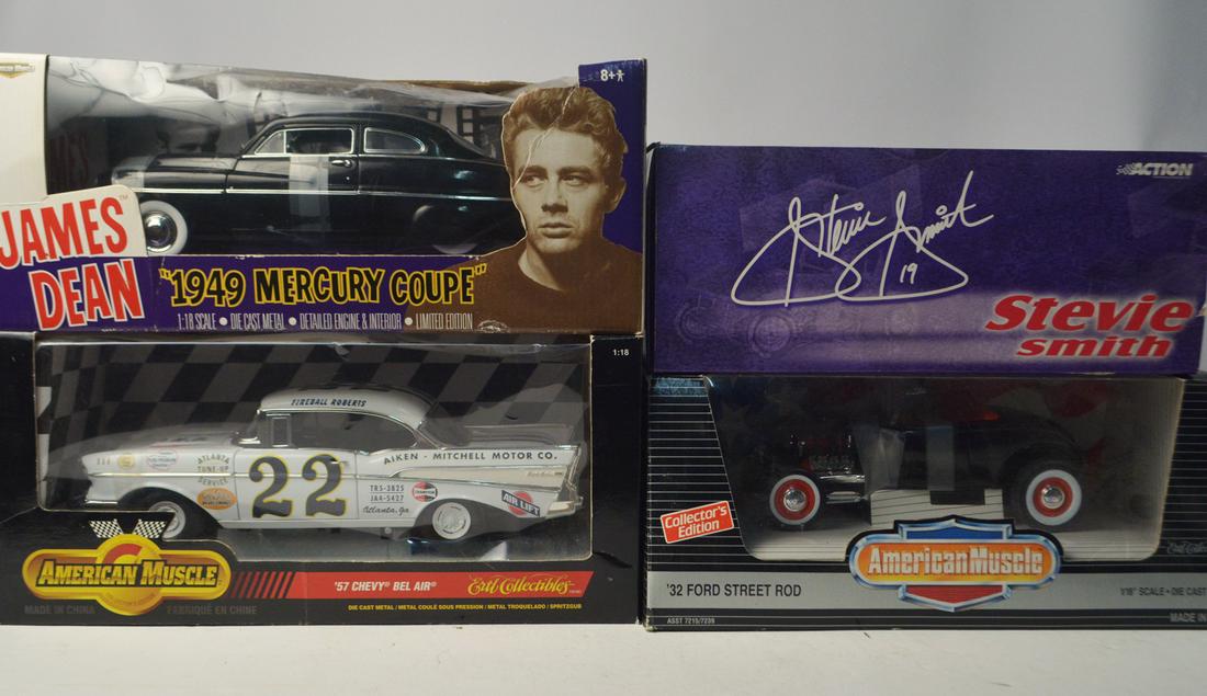 Four 1990's assorted die cast 1:18th scale "street: Four 1990's assorted die cast 1:18th scale "street rods" in original boxes. 1949 black James Dean Mercury Coupe by American Muscle, a white 1957 Chevy Bel Air by Ertl, a Steve Smith limited edition Sp