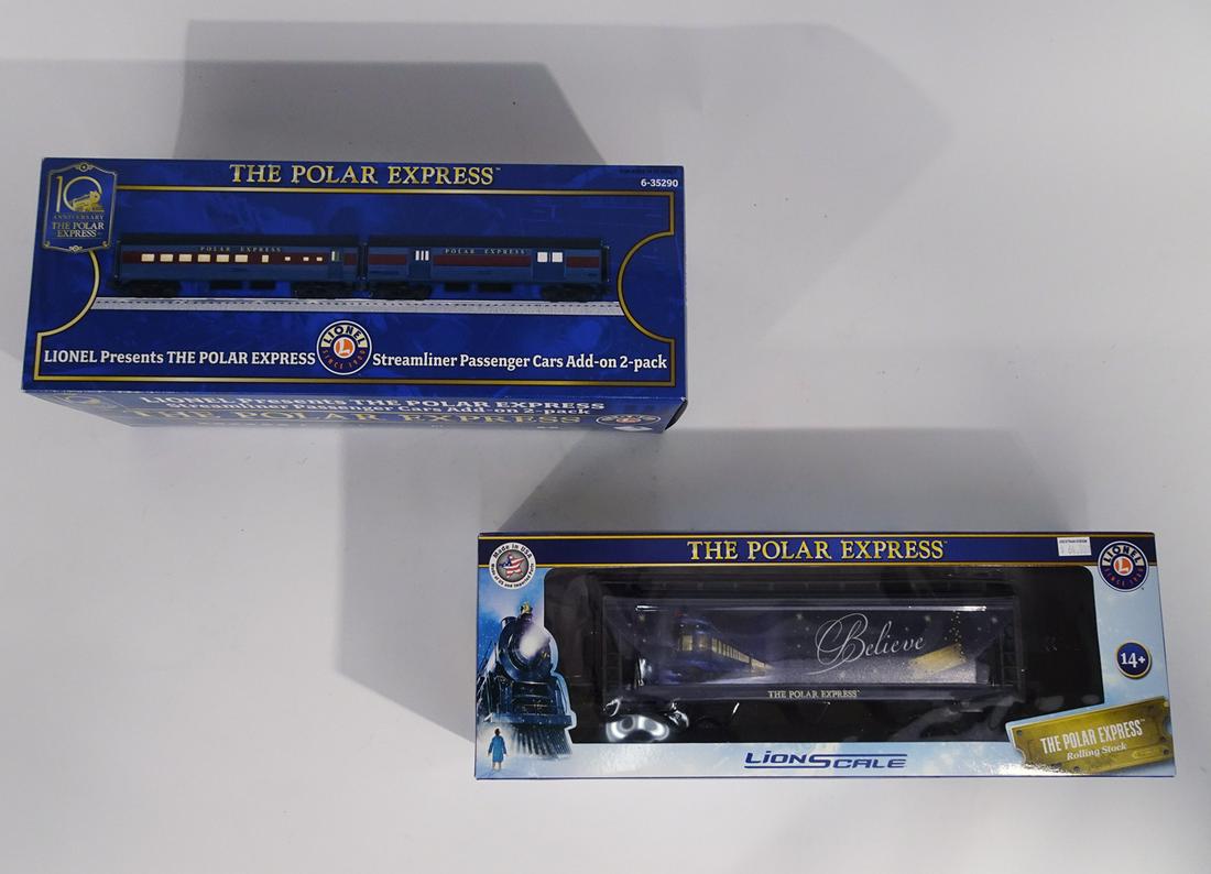 Three 2000's Lionel O gauge Polar Express add-on: Three 2000's Lionel O gauge Polar Express add-on passenger cars and a three bay covered hopper in original boxes. The cars are the #35290 two-pack of passenger cars, a baggage and a coach, and a #3187