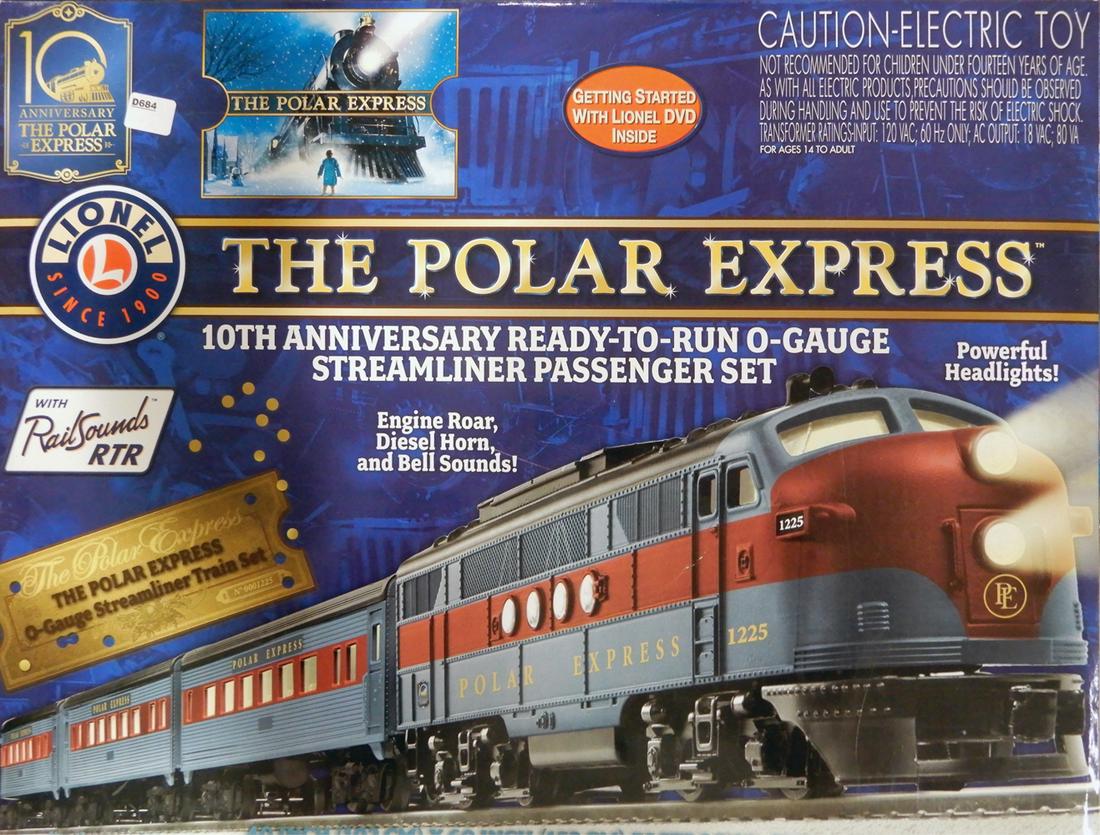 2013 Lionel O gauge #30220 Polar Express 10th: 2013 Lionel O gauge #30220 Polar Express 10th Anniversary Streamline passenger set in original set box. This was a very limited set. Set consists of #38250 PE diesel engine (F-series), #35278 PE coach