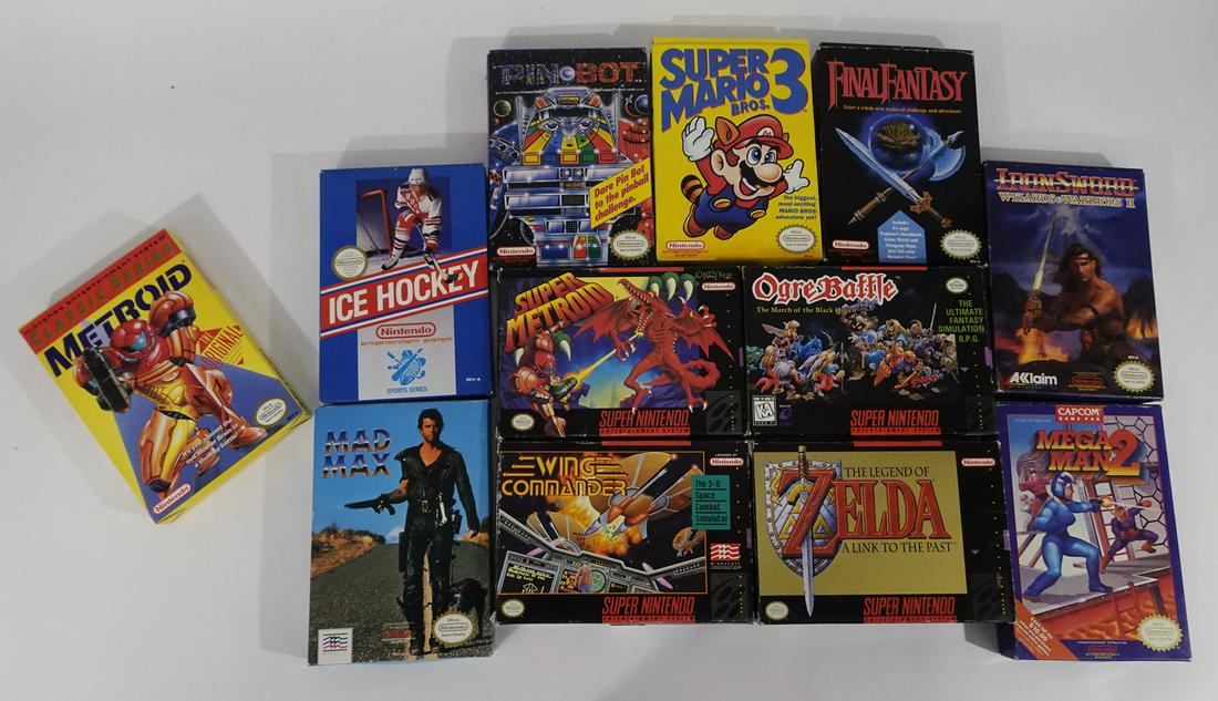 Twelve Nintendo video games in boxes: Twelve 1990's Nintendo video games in original boxes. See pictures for titles. All have the game cartridges. All except Super Metroid and Final Fantasy have their manuals. Zelda has in addition to the