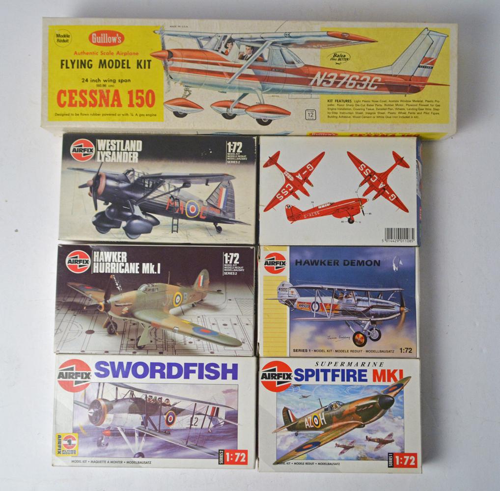 Assorted 1980's-1990's unbuilt airplane models in: Assorted 1980's-1990's unbuilt airplane models in original boxes. Most parts still in sealed bags. The blimp body is built but the parts are there to complete it, twelve total