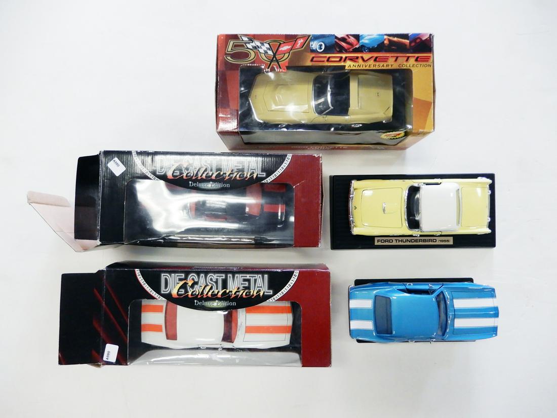 Five 1980's-1990's die cast 1:18th scale American: Five 1980's-1990's die cast 1:18th scale American Muscle cars with three in original boxes. The cars are 1955 Ford T-bird hardtop (no box), 1967 Chevy Camaro Z28 hardtop (no box), 1967 Chevy Camaro (w