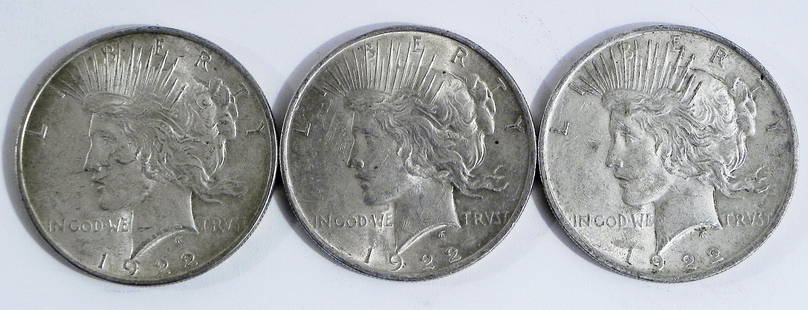 Three 1922 Peace silver dollars: Three 1922 Peace silver dollars, ungraded