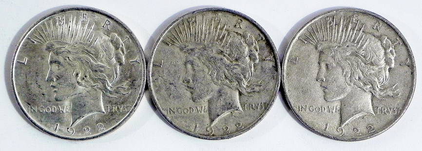 Three 1922 Peace silver dollars: Three 1922 Peace silver dollars, ungraded