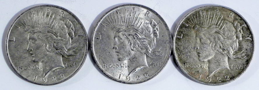 Three 1922 Peace silver dollars: Three 1922 Peace silver dollars, ungraded