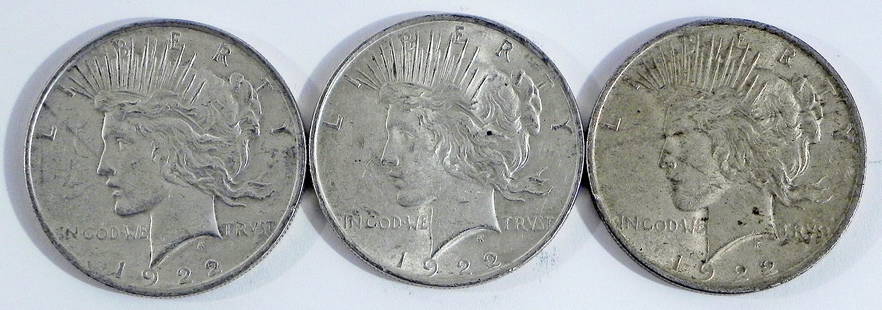 Three 1922 Peace silver dollars: Three 1922 Peace silver dollars, ungraded