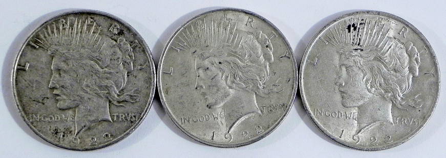 Three 1922 Peace silver dollars: Three 1922 Peace silver dollars