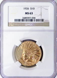 1926 $10 U.S. Indian gold piece: 1926 $10 U.S. gold piece, graded by NGC MS63