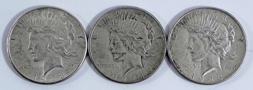 Three 1923S Peace silver dollars: Three 1923S Peace silver dollars, ungraded