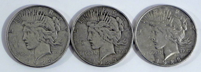 Three 1923D Peace silver dollars: Three 1923D Peace silver dollars, ungraded