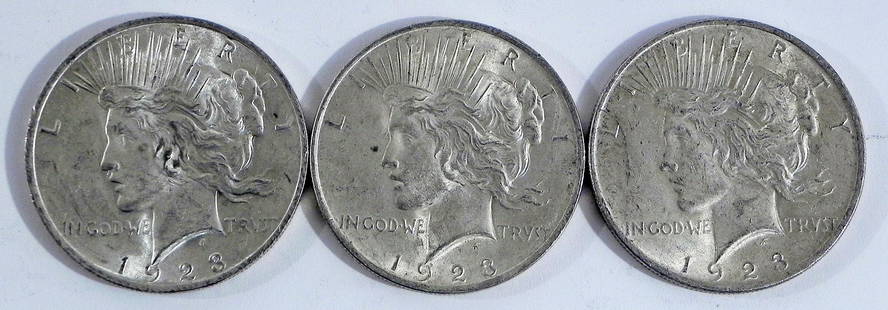 Three 1923 Peace silver dollars: Three 1923 Peace siler dollars, ungraded