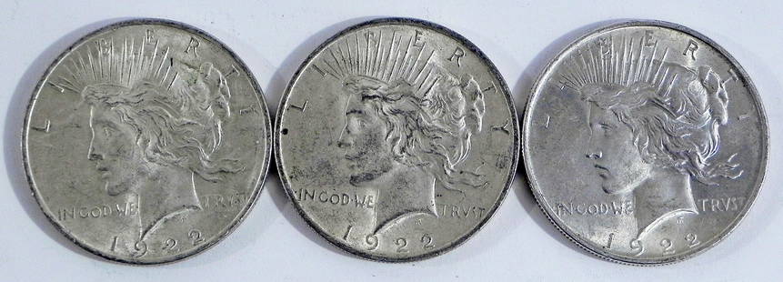 Three 1922 Peace silver dollars: Three 1922 Peace silver dollars, ungraded