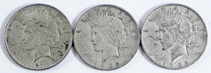 Three 1922 Peace silver dollars: Three 1922 Peace silver dollars