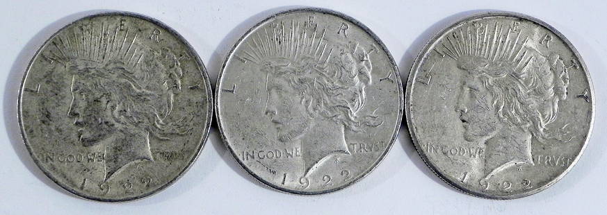 Three 1922 Peace silver dollars: Three 1922 Peace silver dollars. 1922S and two 1922, ungraded