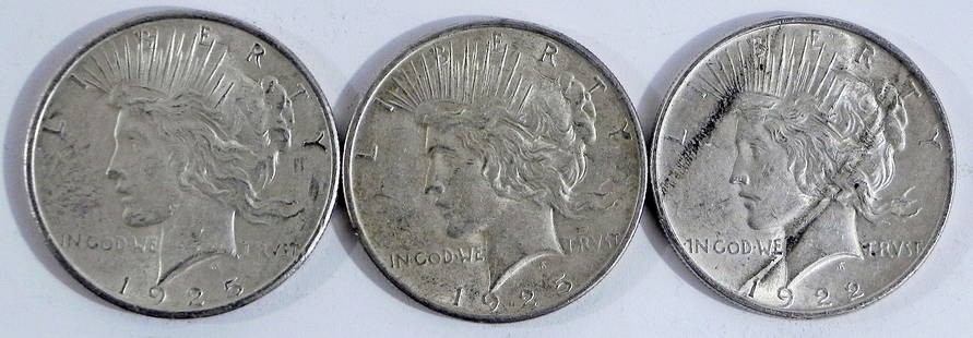 Three Peace silver dollars: Three Peace silver dollars. 1922 and two 1925, ungraded