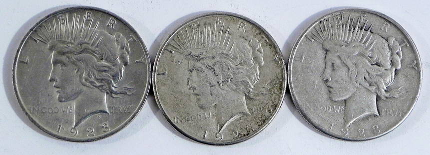 Three 1923 Peace silver dollars: Three 1923 Peace silver dollars. Two 1923S and 1923, ungraded