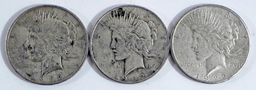 Three 1922 Peace silver dollars: Three 1922 Peace silver dollars. 1922, 1922D, 1922S, ungraded