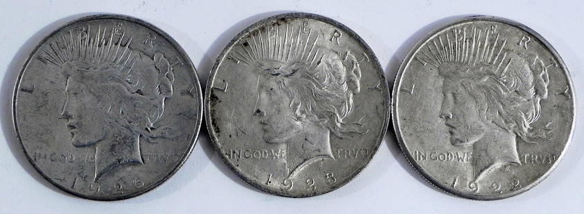 Three Peace silver dollars: Three Peace silver dollars. 1922S, 1923, 1926S. ungraded