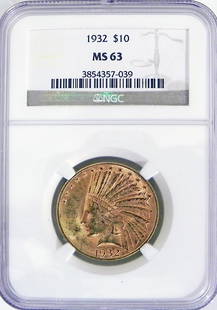 1932 $10 U.S. Indian gold piece: 1932 $10 U.S. Indian gold piece. Graded by NGC MS63