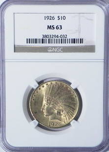 1926 $10 U.S. Indian gold piece: 1926 $10 U.S. Indian gold piece, graded by NGC MS63