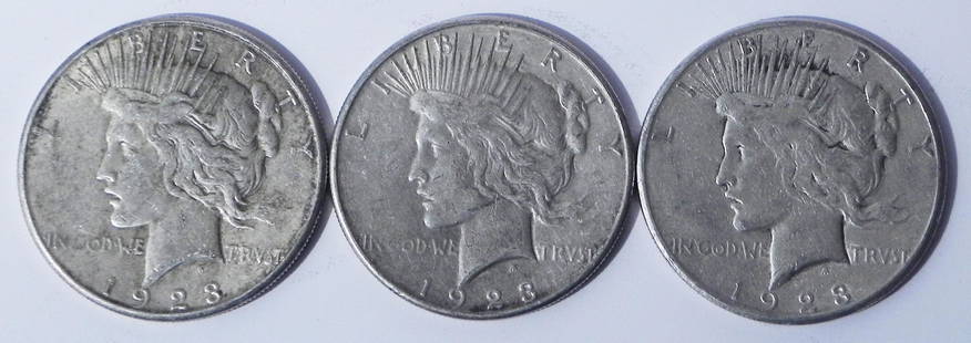 Three 1923s Peace silver dollars: Three 1923S Peace silver dollars, ungraded