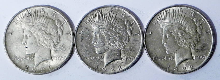 Three 1922 Peace silver dollars: Three 1922 Peace silver dollars, ungraded