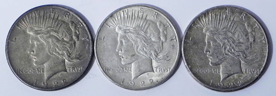 Three 1922S Peace silver dollars: Three 1922S Peace silver dollars, ungraded