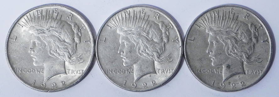 Three 1922 Peace silver dollars: Three 1922 Peace silver dollars, ungraded