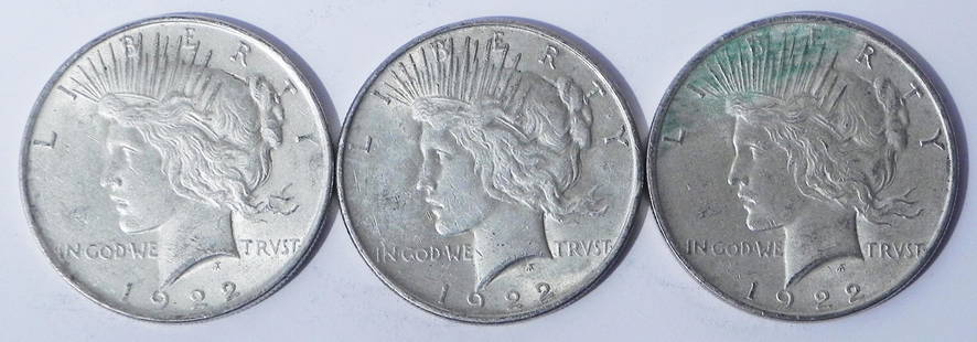 Three 1922 Peace silver dollars: Three 1922 Peace silver dollars, ungraded