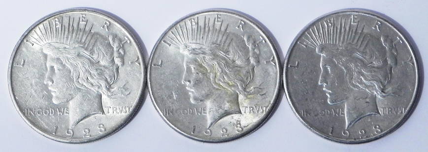 Three 1923S Peace silver dollars: Three 1923S Peace silver dollars, ungraded