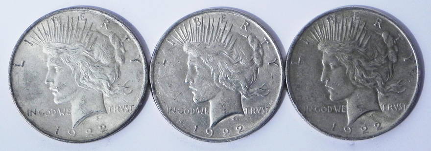 Three 1922 Peace silver dollars: Three 1922 Peace silver dollars, ungraded