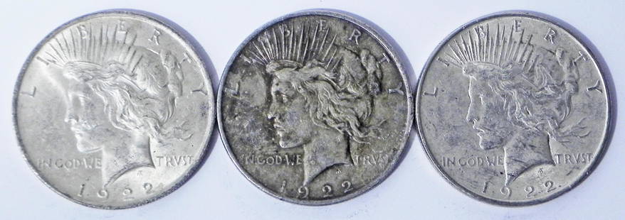 Three 1922 Peace silver dollars: Three 1922 Peace silver dollars, ungraded