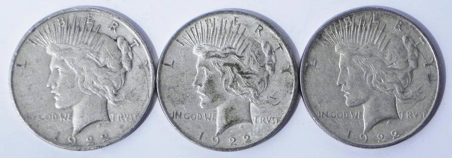 Three 1922D Peace silver dollars: Three 1922D Peace silver dollars, ungraded