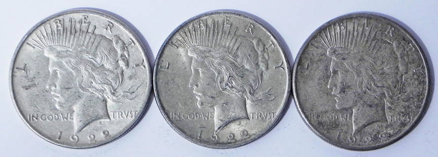 Three 1922 Peace silver dollars: Three 1922 Peace silver dollars