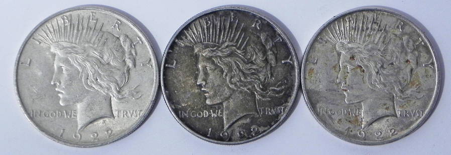 Three 1922 Peace silver dollars: Three 1922 Peace silver dollars