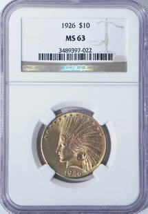 1926 $10 U.S. Indian gold piece: 1926 $10 U.S. Indian gold piece, graded by NGC MS63