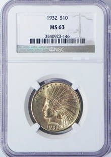1932 $10 U.S. Indian gold piece: 1932 $10 U.S. Indian gold piece, graded by NGC MS63